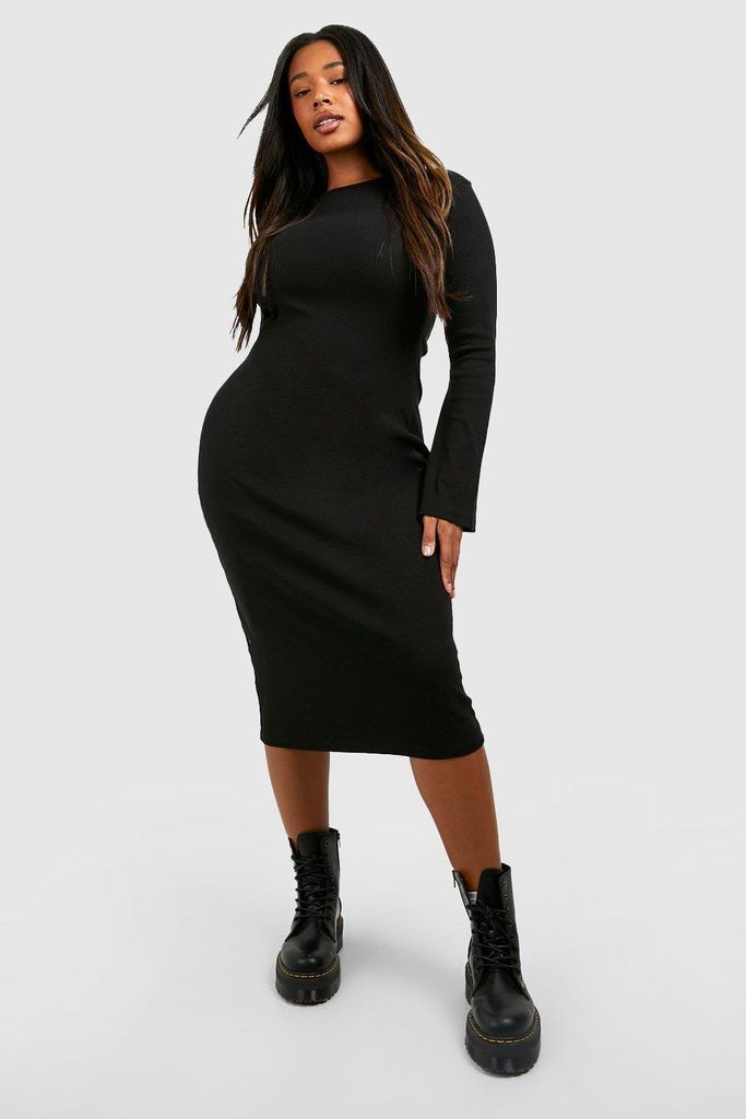 Womens Plus Rib Flare Sleeve Midi Dress - Black - 28, Black