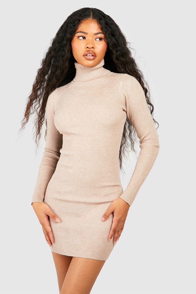 Womens Petite Knitted Roll Neck Mini Dress - Brown - S/M, Brown