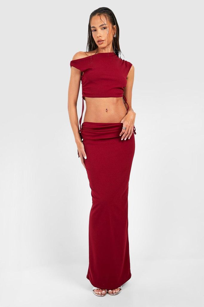 Womens Ruched Drape Shoulder Crop & Maxi Skirt - Red - 12, Red