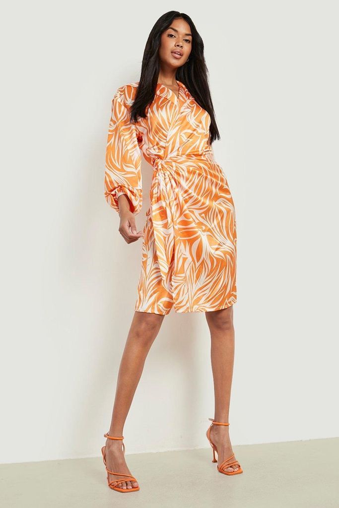 Womens Printed Satin Wrap Midi Dress - Orange - 10, Orange