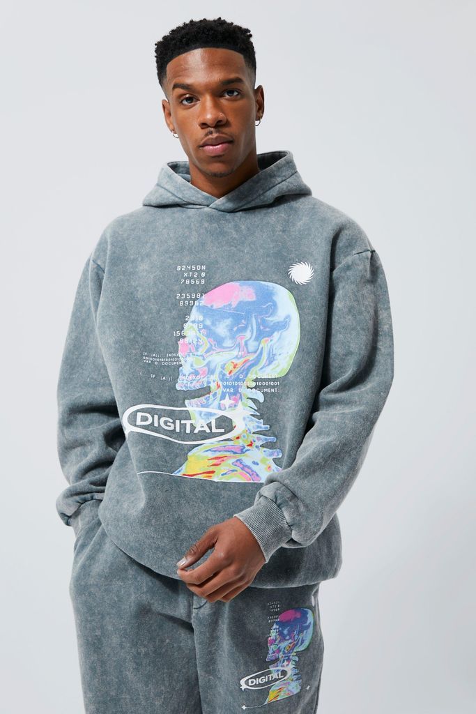 Men's Oversized Washed Graphic Hoodie - Grey - S, Grey