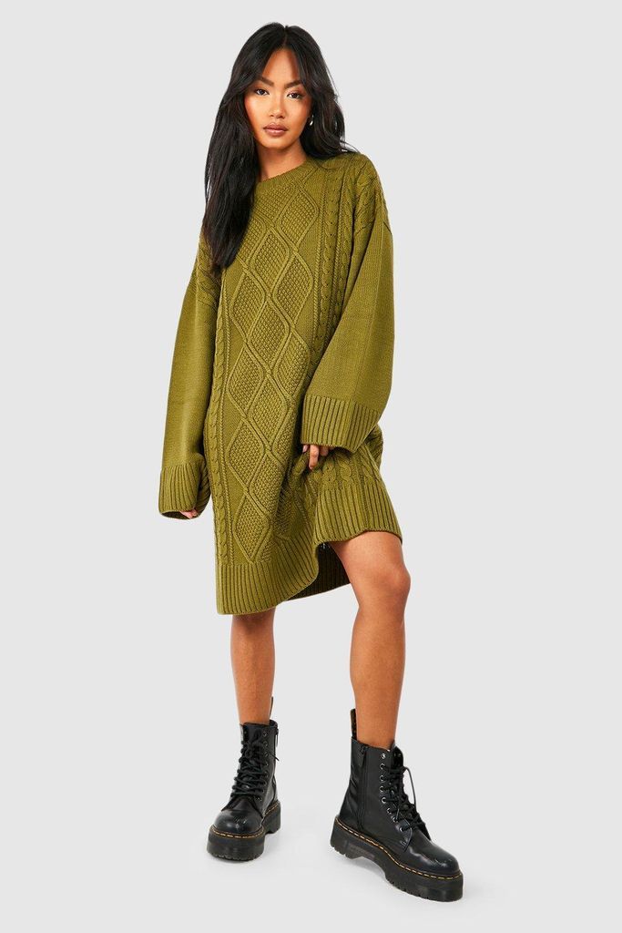 Womens Chunky Oversized Cable Knit Jumper Dress - Green - S, Green