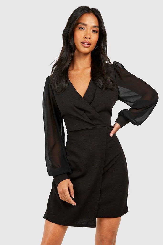 Womens Petite Wrap Chiffon Sleeve Button Dress - Black - 10, Black