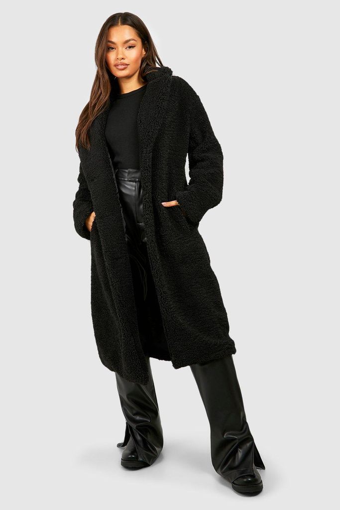 Womens Longline Teddy Coat - Black - L, Black