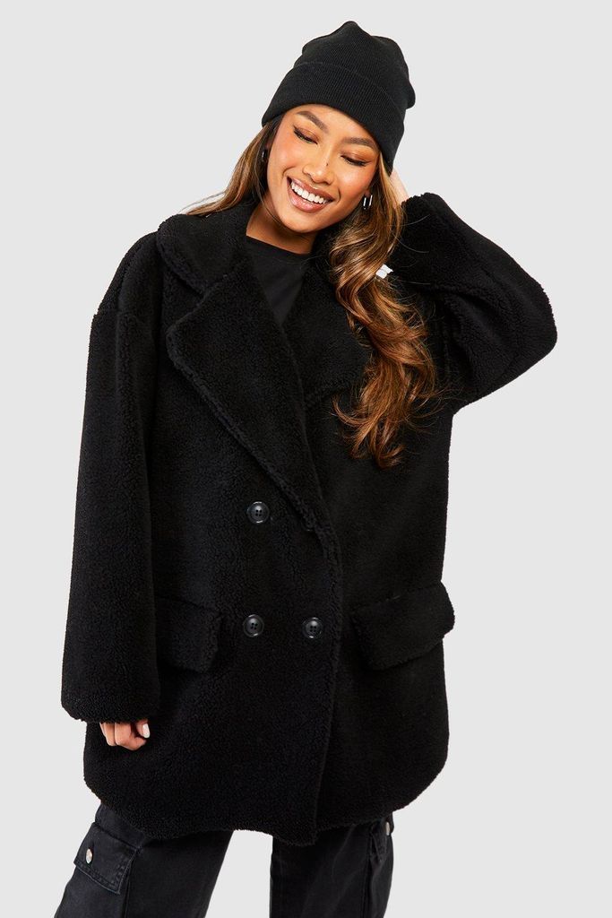Womens Teddy Double Breasted Coat - Black - 12, Black