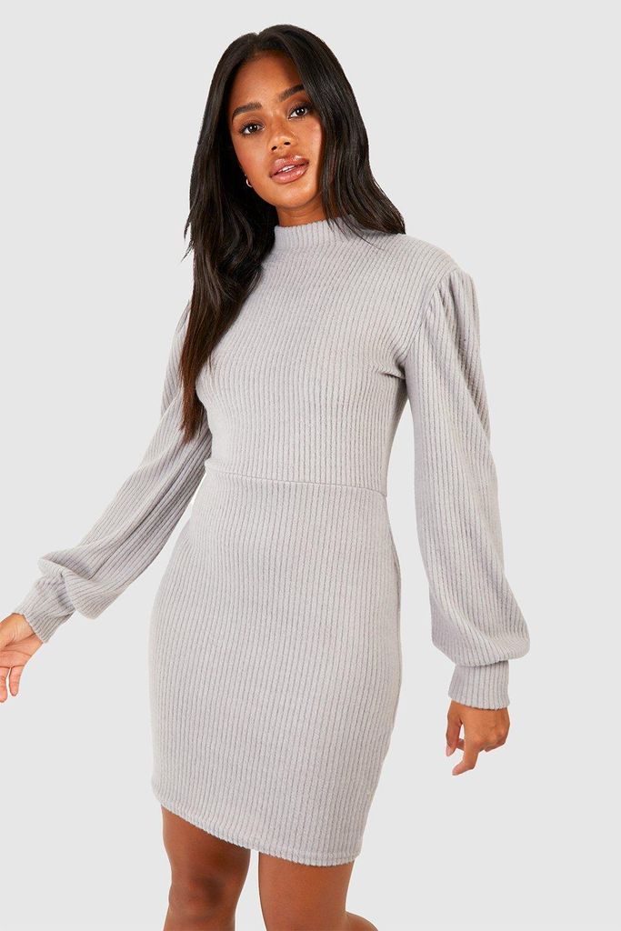 Womens Brushed Rib Volume Sleeve Mini Dress - Grey - 14, Grey