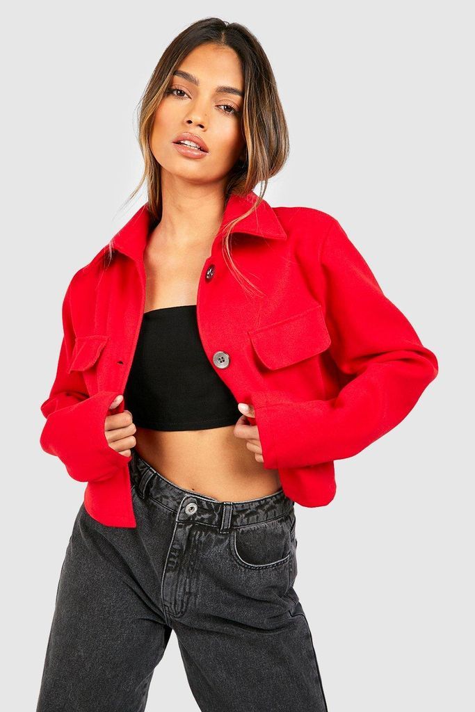 Womens Cropped Wool Look Jacket - Red - 14, Red