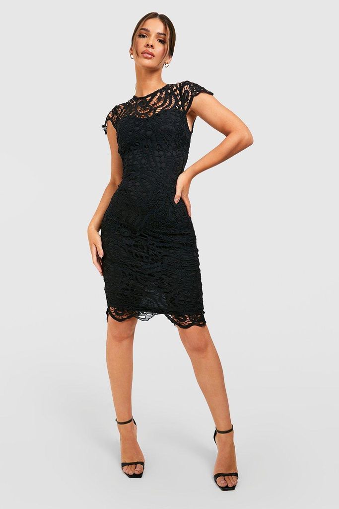 Womens Lace Cap Sleeve Midi Dress - Black - 14, Black