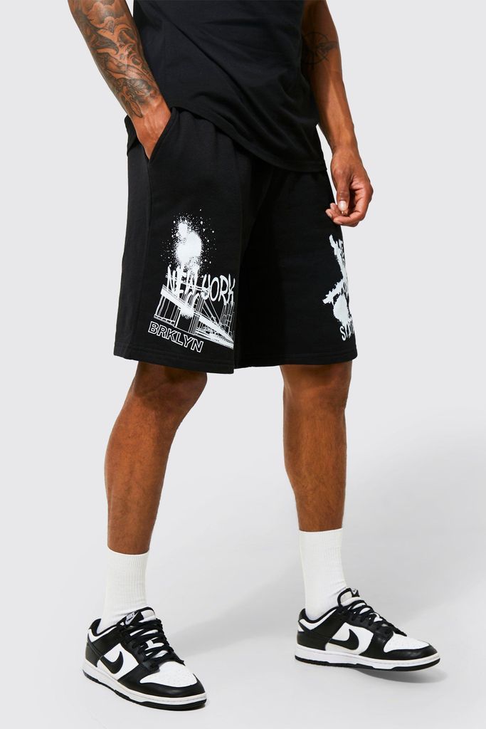 Men's Oversized Graffiti Graphic Jersey Shorts - Black - Xl, Black
