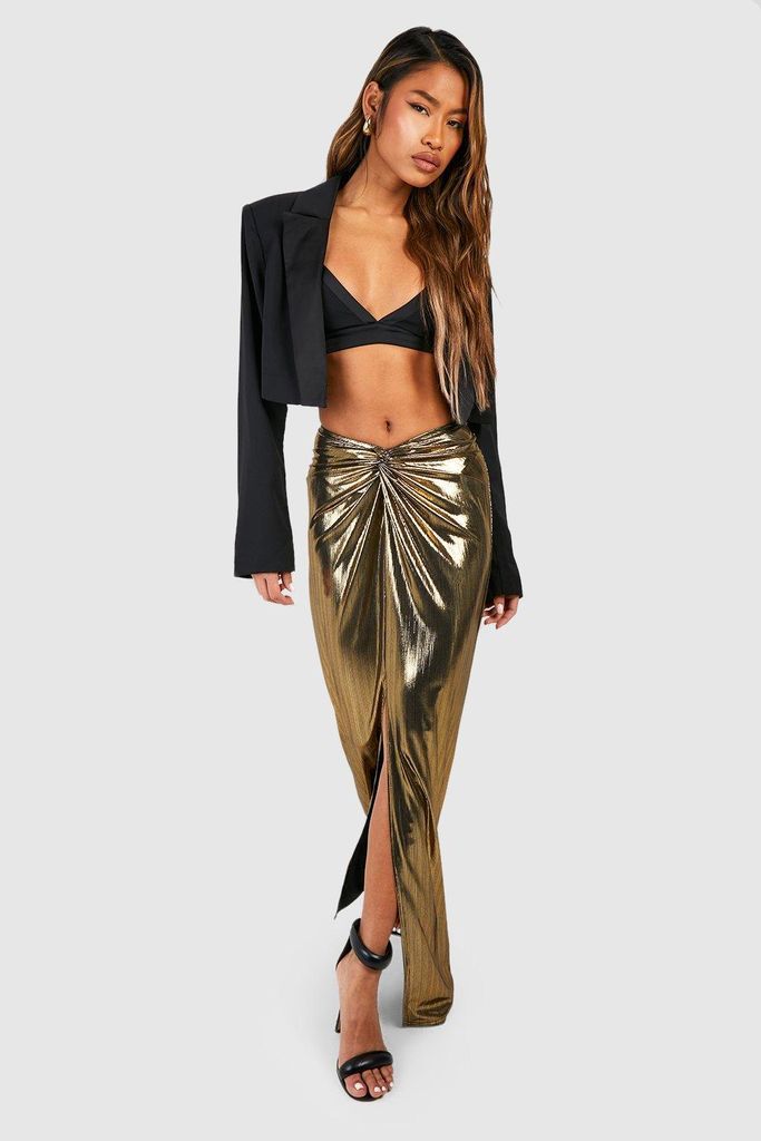 Womens Metallic Foil Knot Front Maxi Skirt - Gold - 8, Gold