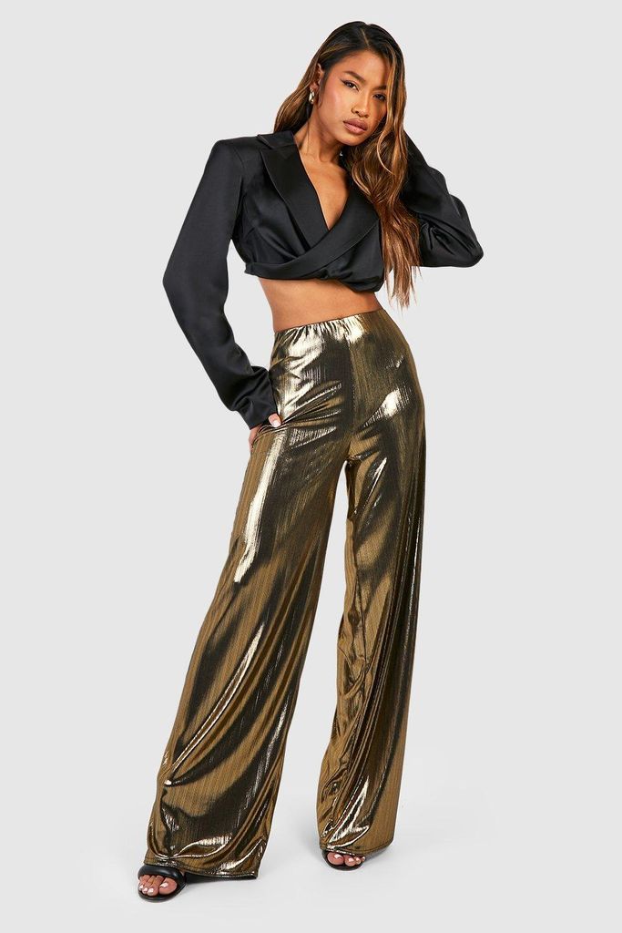 Womens Metallic Foil High Waisted Wide Leg Trousers - Gold - 6, Gold