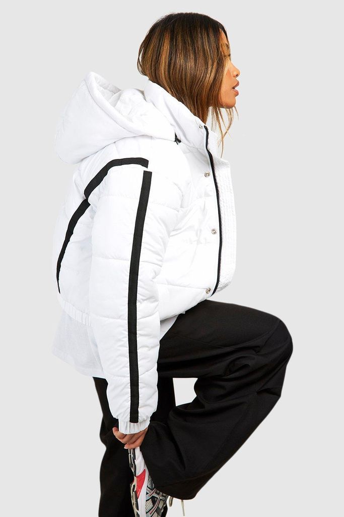 Womens Hooded Contrast Trim Puffer Jacket - White - 10, White