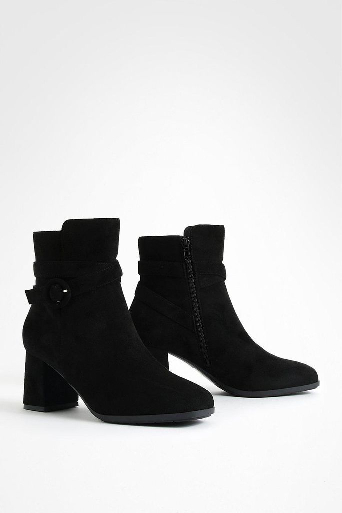 Womens Buckle Detail Faux Suede Block Heel Ankle Boots - Black - 4, Black