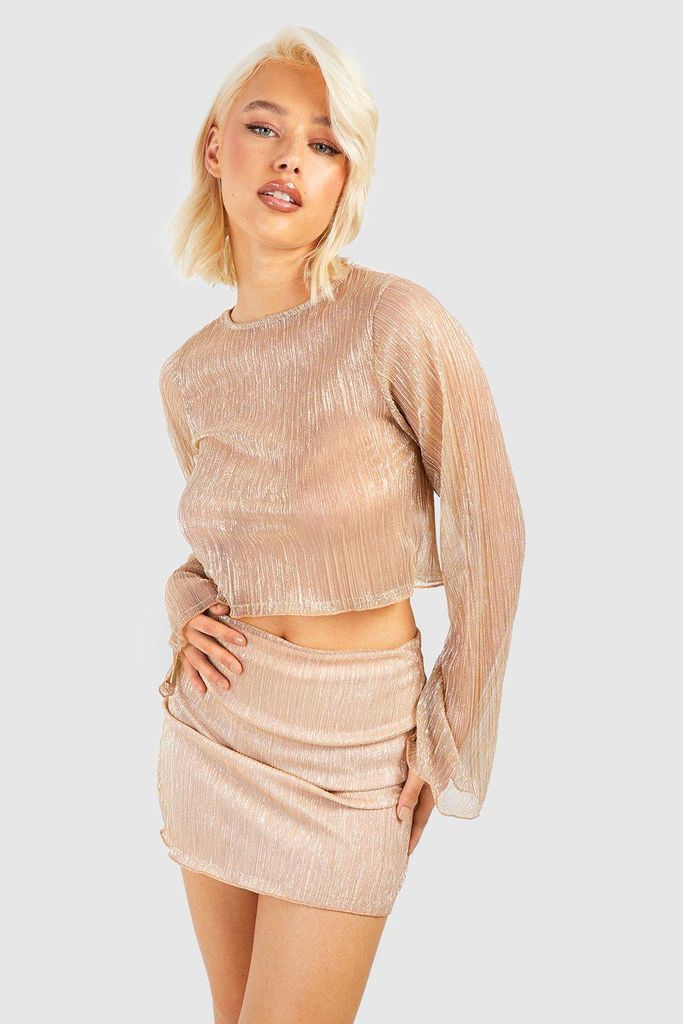 Womens Glitter Plisse Crop Top & Micro Mini Skirt - Gold - 14, Gold
