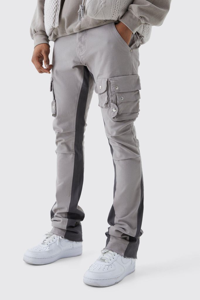 Men's Fixed Waist Skinny Stacked Flare 3D Cargo Trouser - Grey - 28, Grey