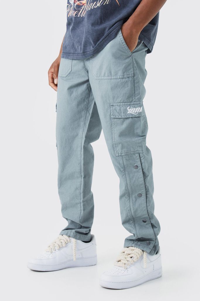 Men's Straight Leg Cargo Popper Hem Ripstop Branded Trouser - Grey - 28, Grey