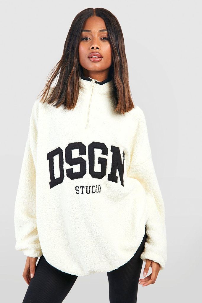 Womens Dsgn Studio Applique Borg Half Zip Oversized Sweatshirt - White - Xl, White
