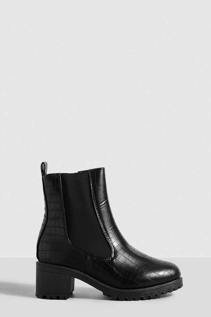 Womens Tab Detail Low Block Heel Croc Chelsea Boots - Black - 4, Black