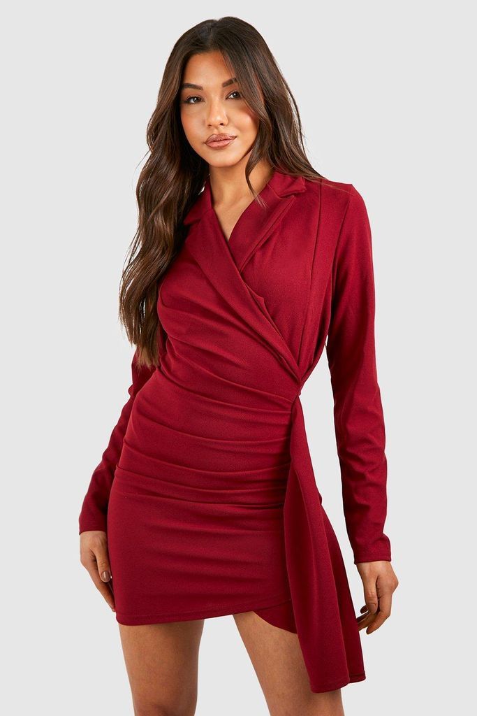 Womens Ruched Drape Long Sleeve Blazer Dress - Red - 16, Red