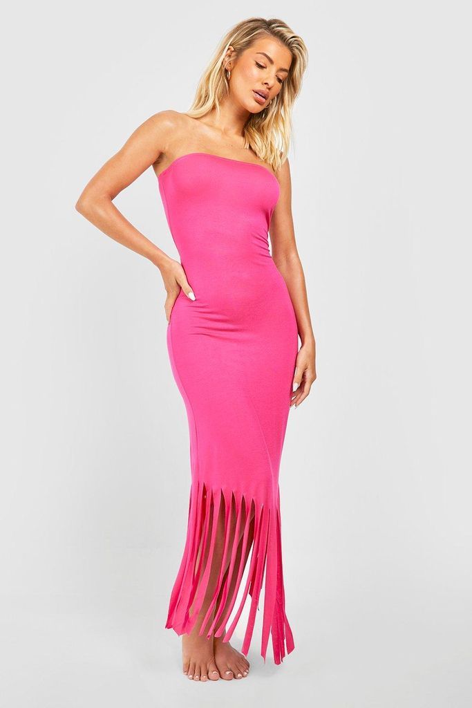 Womens Tassel Bandeau Beach Maxi Dress - Pink - M, Pink