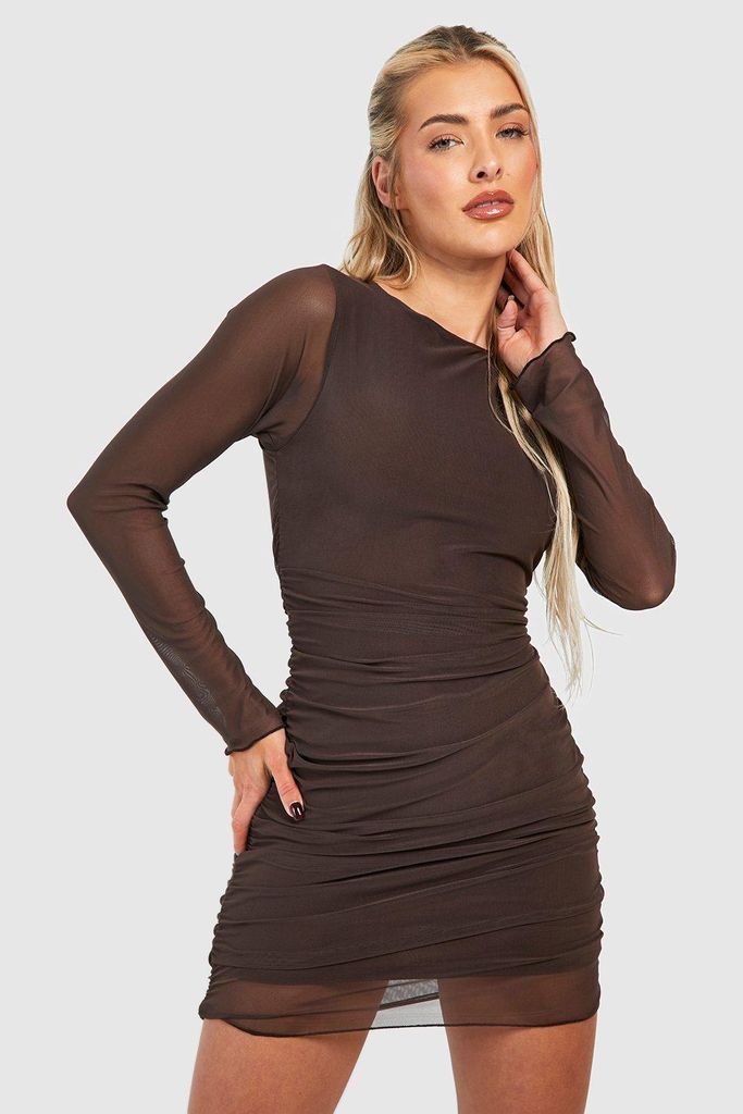 Womens Rouched Mesh Mini Dress - Brown - 16, Brown