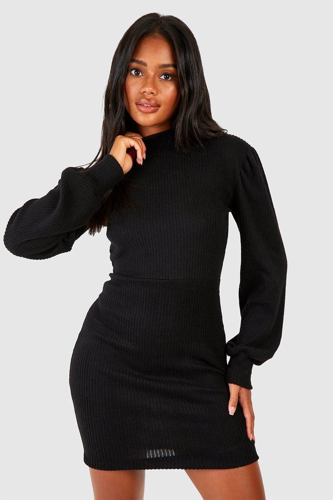 Womens Brushed Rib Volume Sleeve Mini Dress - Black - 10, Black