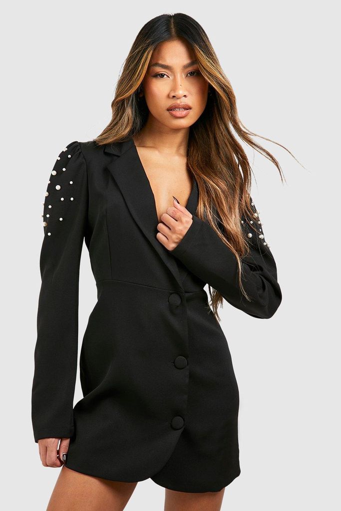 Womens Pearl Detail Puff Sleeve Tailored Blazer Dress - Black - 6, Black