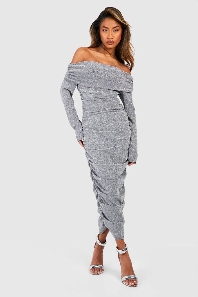 Womens Glitter Rouched Bardot Midaxi Dress - Grey - 10, Grey