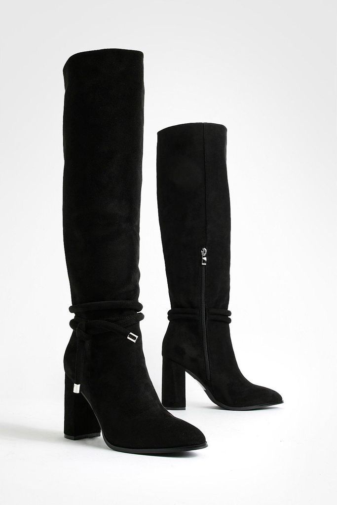 Womens Tie Detail Block Heel Knee High Boots - Black - 8, Black
