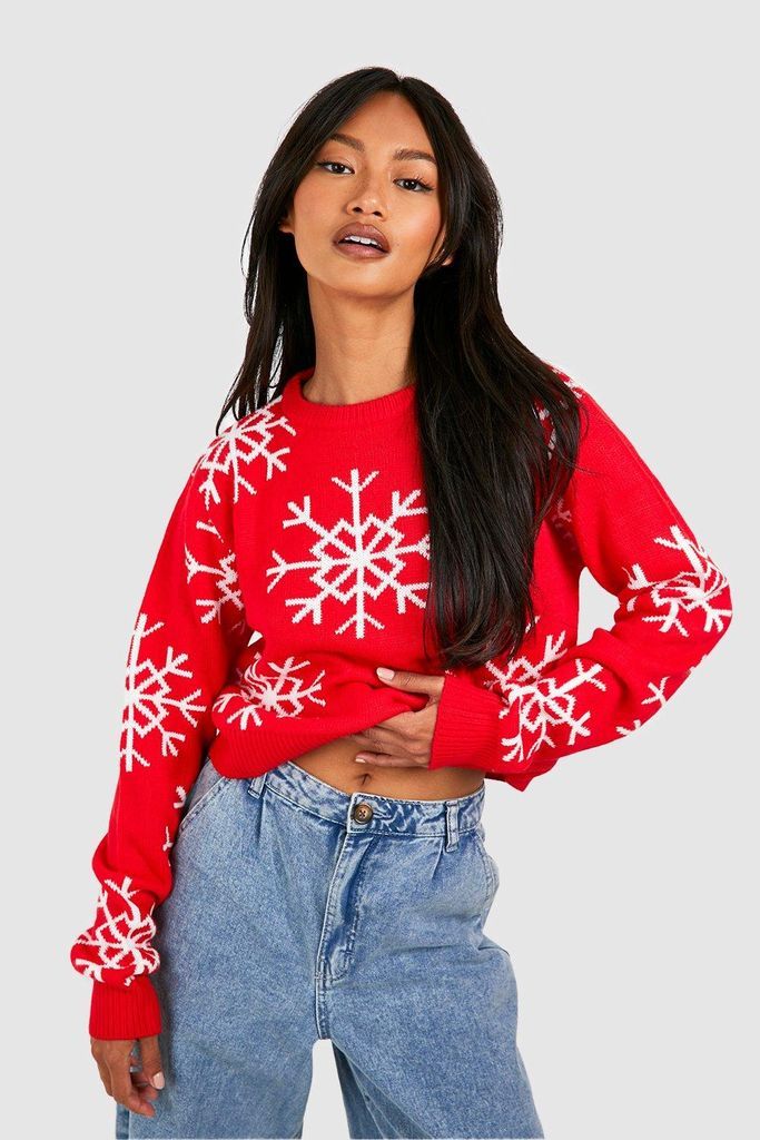 Womens Snowflake Crop Christmas Jumper - Red - M, Red