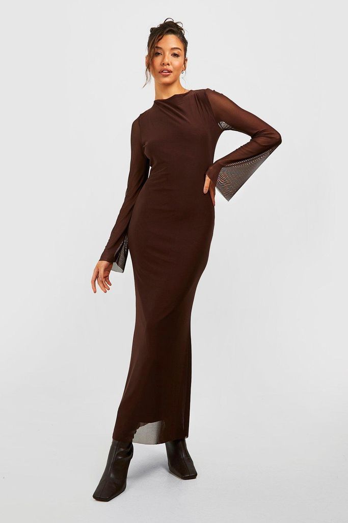 Womens Long Sleeve Mesh Maxi Dress - Brown - 10, Brown