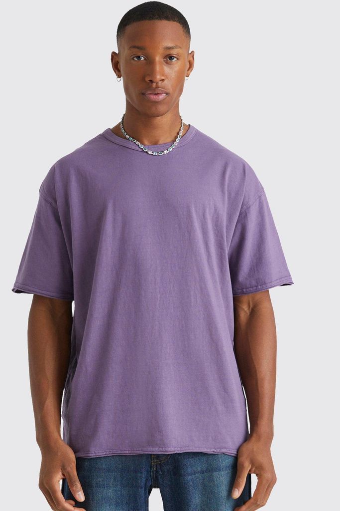 Men's Oversized Heavyweight Washed Raw Hem T-Shirt - Purple - S, Purple