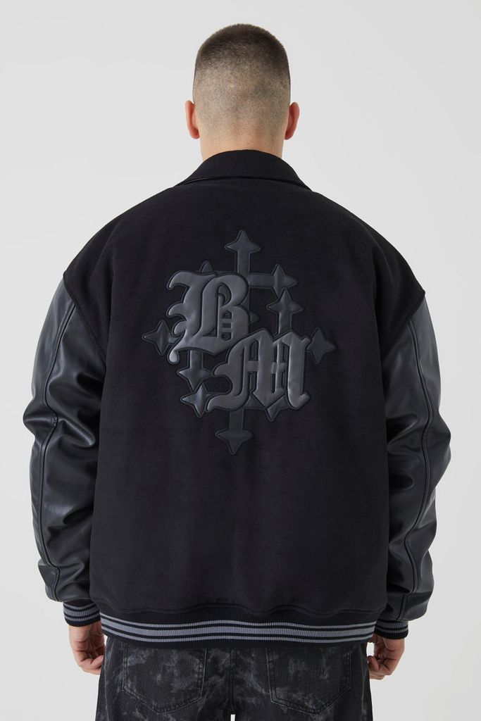 Men's Tall Bm Melton & Pu Collared Varsity Jacket - Black - S, Black