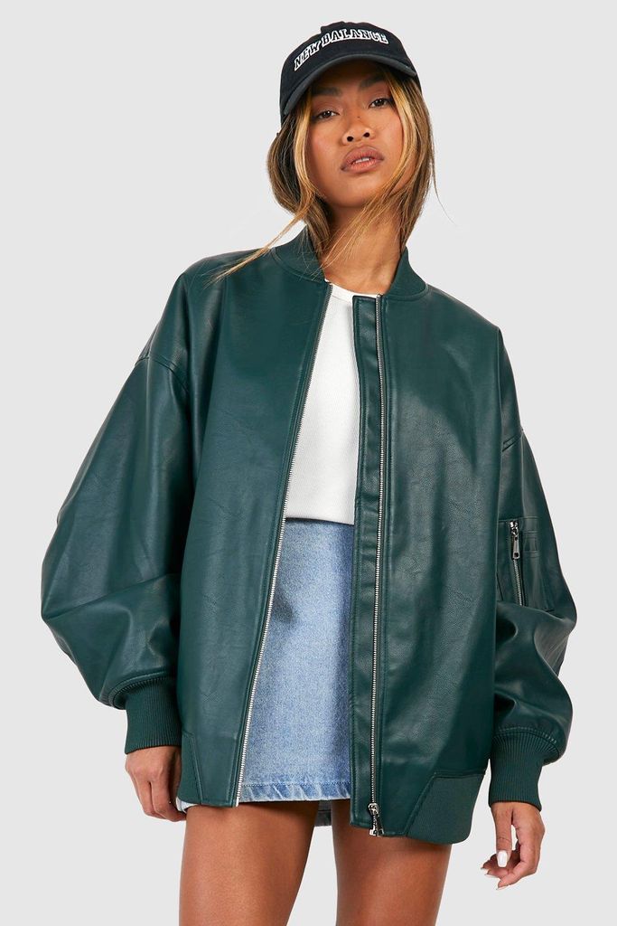 Womens Oversized Faux Leather Bomber Jacket - Green - 14, Green