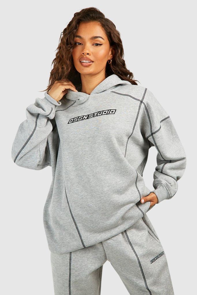 Womens Contrast Stitch Embroidered Oversized Hoodie - Grey - L, Grey