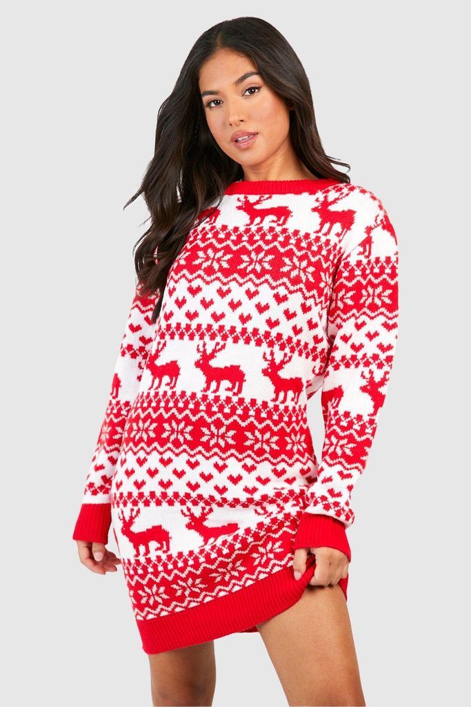Womens Petite Hearts And Reindeer Fairisle Christmas Jumper Dress - Red - 16, Red