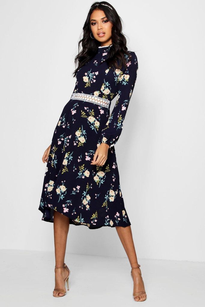Womens Boutique Floral Long Sleeve Skater Dress - Navy - 10, Navy