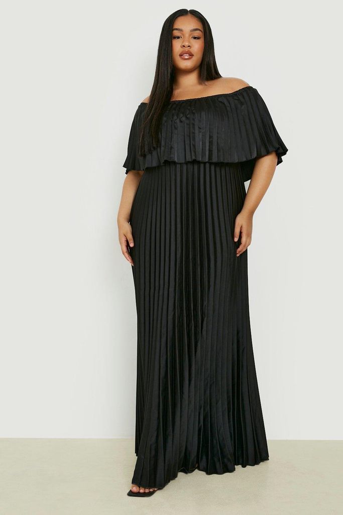 Womens Plus Pleated Satin Bardot Maxi Dress - Black - 18, Black