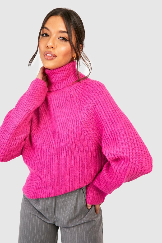 Womens Knitted Roll Neck Jumper With Raglan Sleeve - Pink - S, Pink
