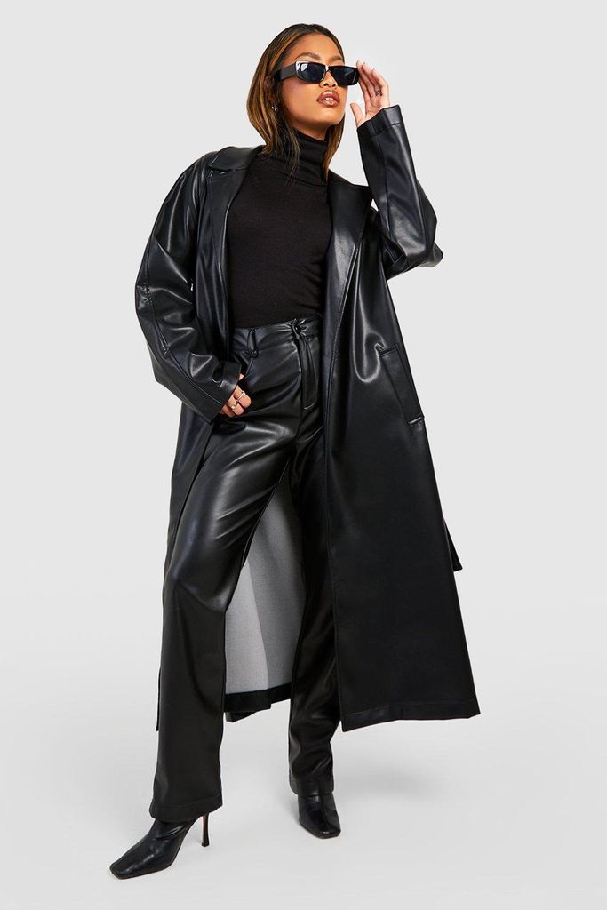 Womens Oversized Faux Leather Belted Trench Coat - Black - 16, Black