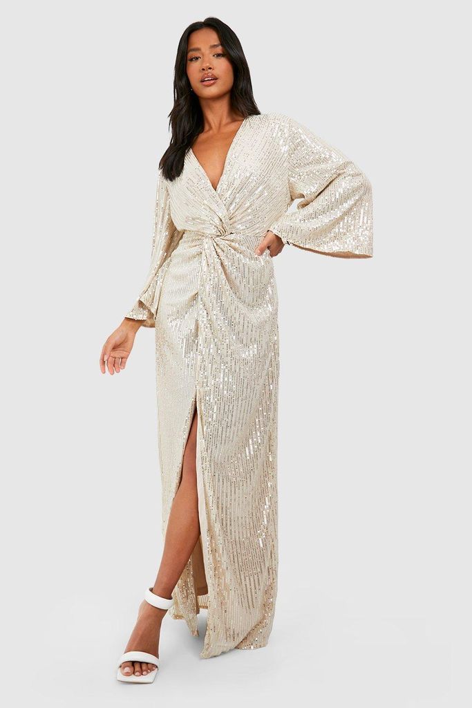 Womens Petite Sequin Knot Front Angel Sleeve Maxi Dress - Gold - 10, Gold