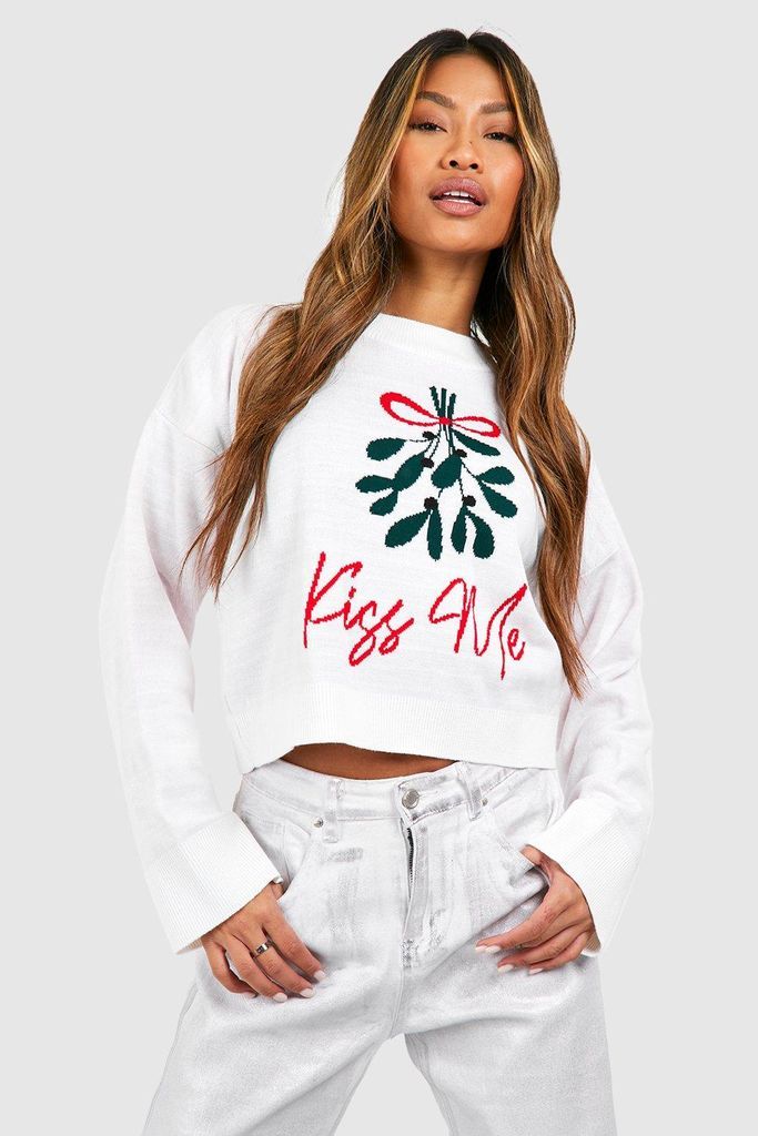 Womens Kiss Me Slogan Fairisle Christmas Crop Jumper - White - S, White