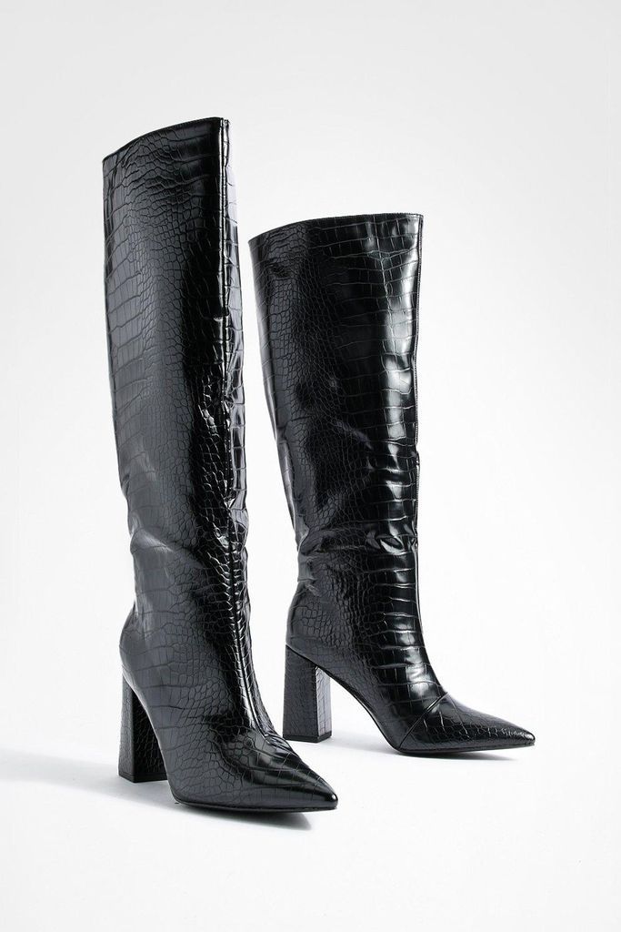 Womens Wide Leg Block Heel Knee High Boots - Black - 5, Black