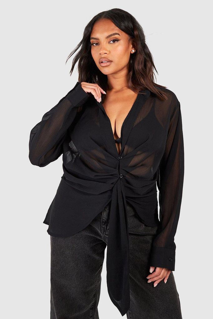 Womens Plus Chiffon Drape Tie Detail Shirt Blouse - Black - 24, Black