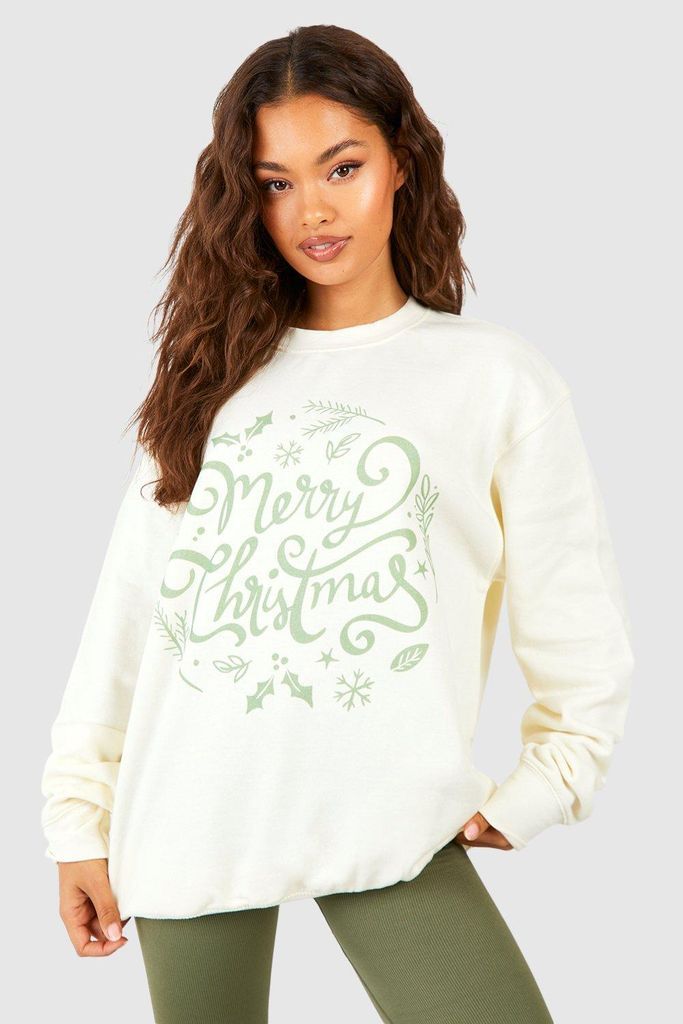 Womens Merry Christmas Printed Slogan Sweatshirt - Beige - M, Beige