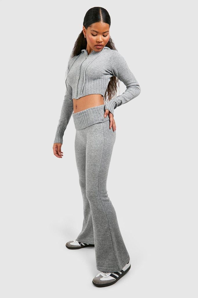 Womens Petite Knitted Fold Over Waist Flares - Grey - L, Grey