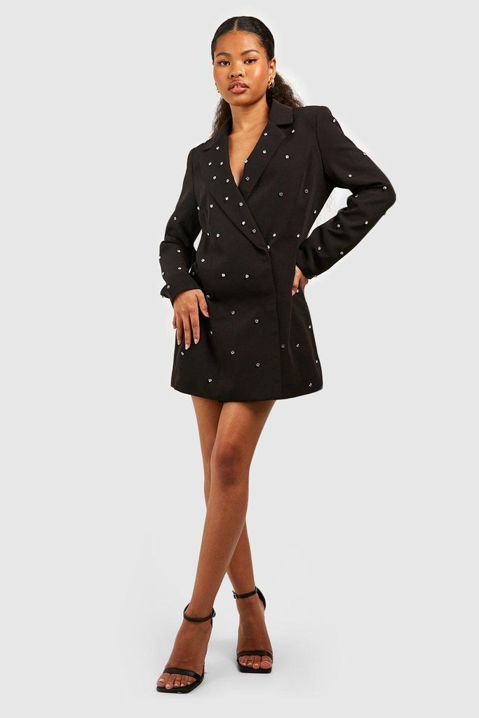 Womens Petite Crystal Embellished Blazer Dress - Black - 12, Black