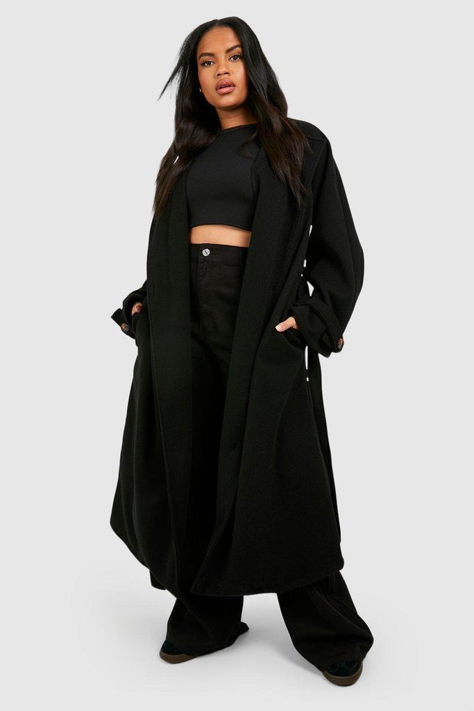 Womens Plus Twill Wool Look Belted Maxi Coat - Black - 20, Black