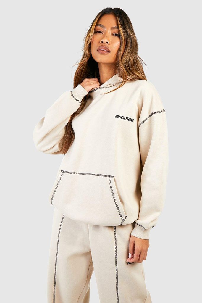 Womens Contrast Stitch Embroidered Oversized Hoodie - Beige - L, Beige