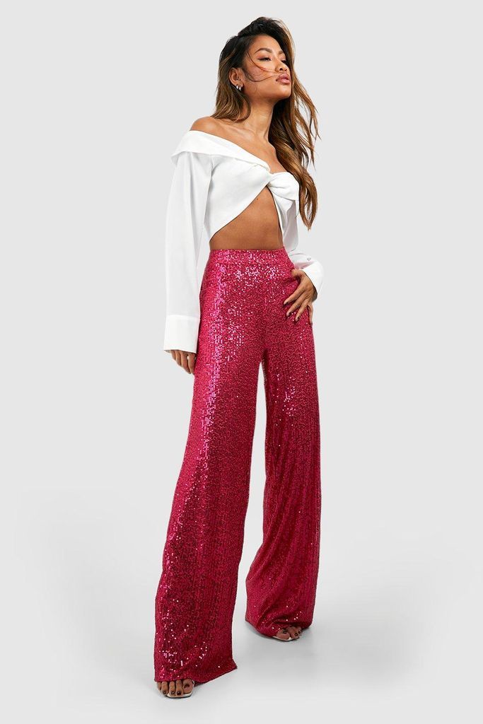 Womens Knitted Sequin Wide Leg Trousers - Pink - 8, Pink